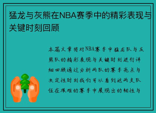 猛龙与灰熊在NBA赛季中的精彩表现与关键时刻回顾