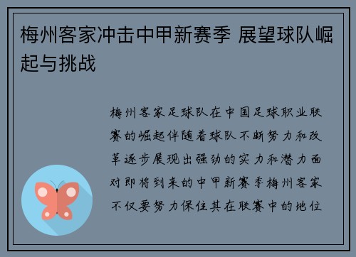 梅州客家冲击中甲新赛季 展望球队崛起与挑战
